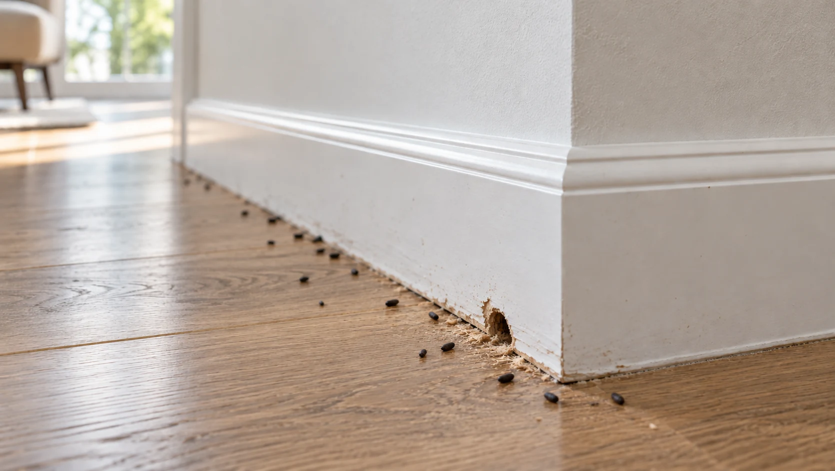 Before pest control – mouse droppings and gnaw marks by baseboard